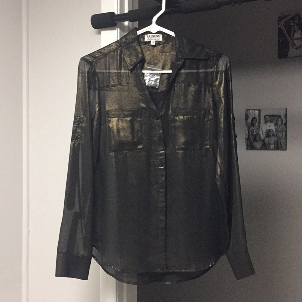 Express Gold black matalic button down shirt.